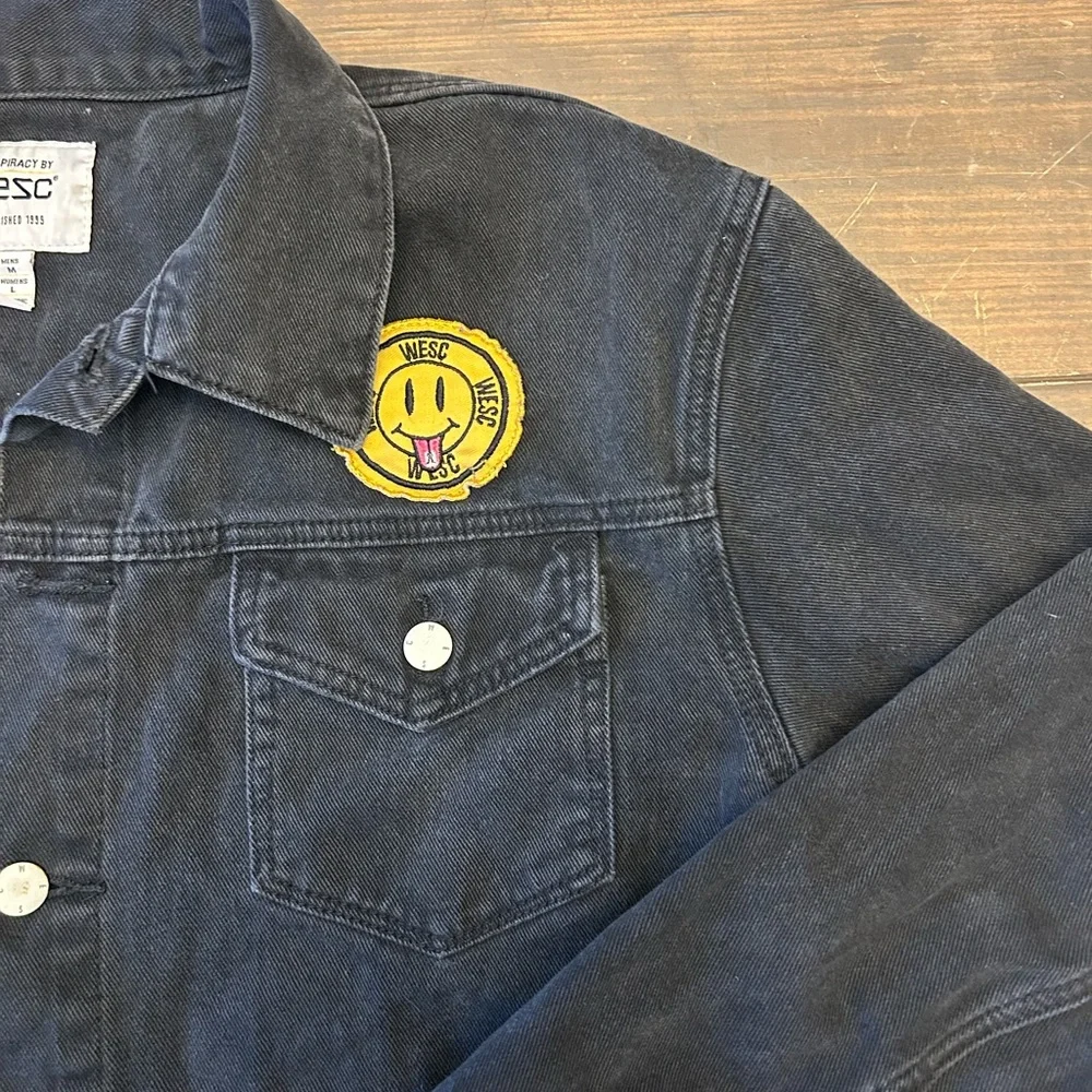 Conspiracy WESC Denim Jacket Unisex Black Smiley Face Trucker Mens m Women’s L - Picture 5 of 15